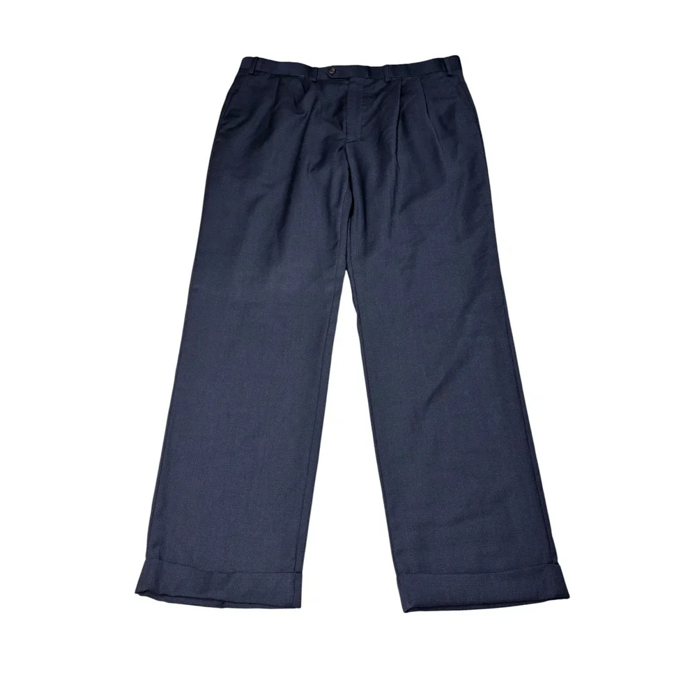 Lauren Ralph Lauren Mens 38x32 Navy Blue 100% Wool Pleated Cuffed Dress Pants